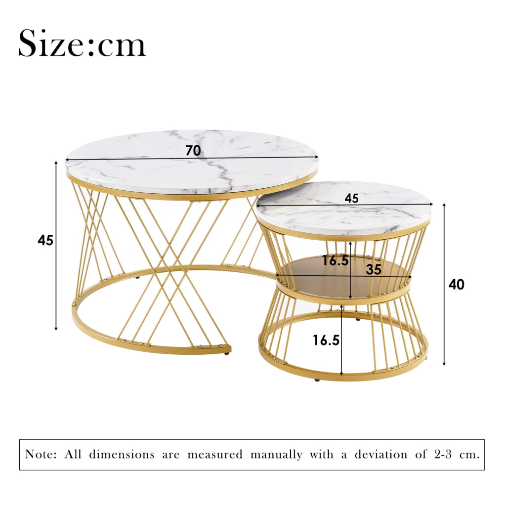 TAVOLINO da caffè set 2 pezzi rotondo impilabile 70/45 cm MDF bianco e oro