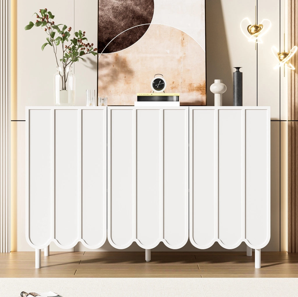 Credenza 120x35x80 cm con ante ondulate e ripiani regolabili in MDF bianco