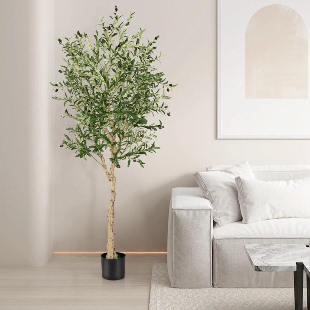 Ulivo artificiale 182cm con 1296 foglie 72 frutti, Ulivo finto in vaso di cemento per ufficio casa-Piante artificiali