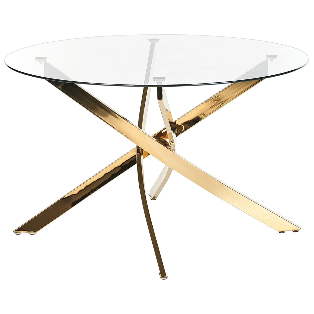 Tavolo da pranzo rotondo piano in vetro temperato gambe in oro ⌀ 120 elegante glamour