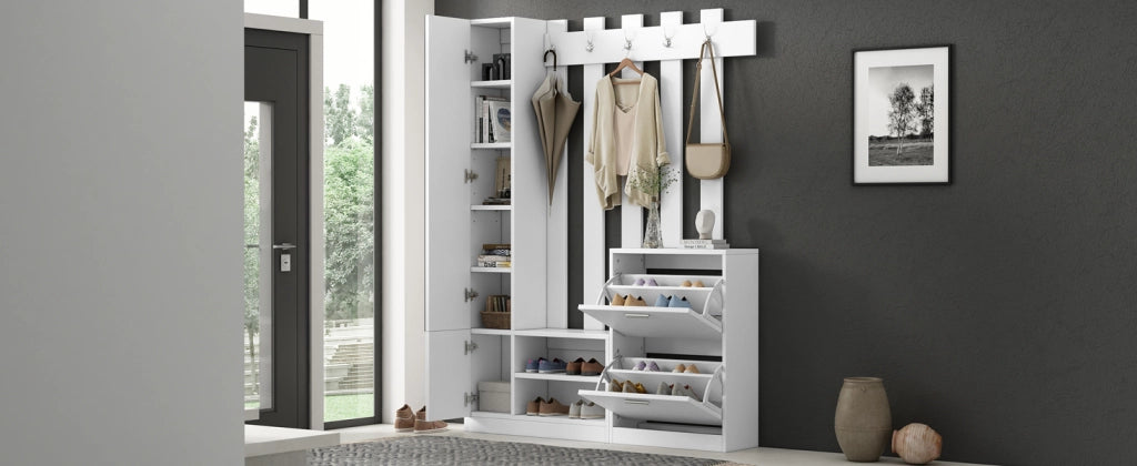 Mobile Ingresso con Specchio e Scarpiera Guardaroba Bianco 135x25x180 cm