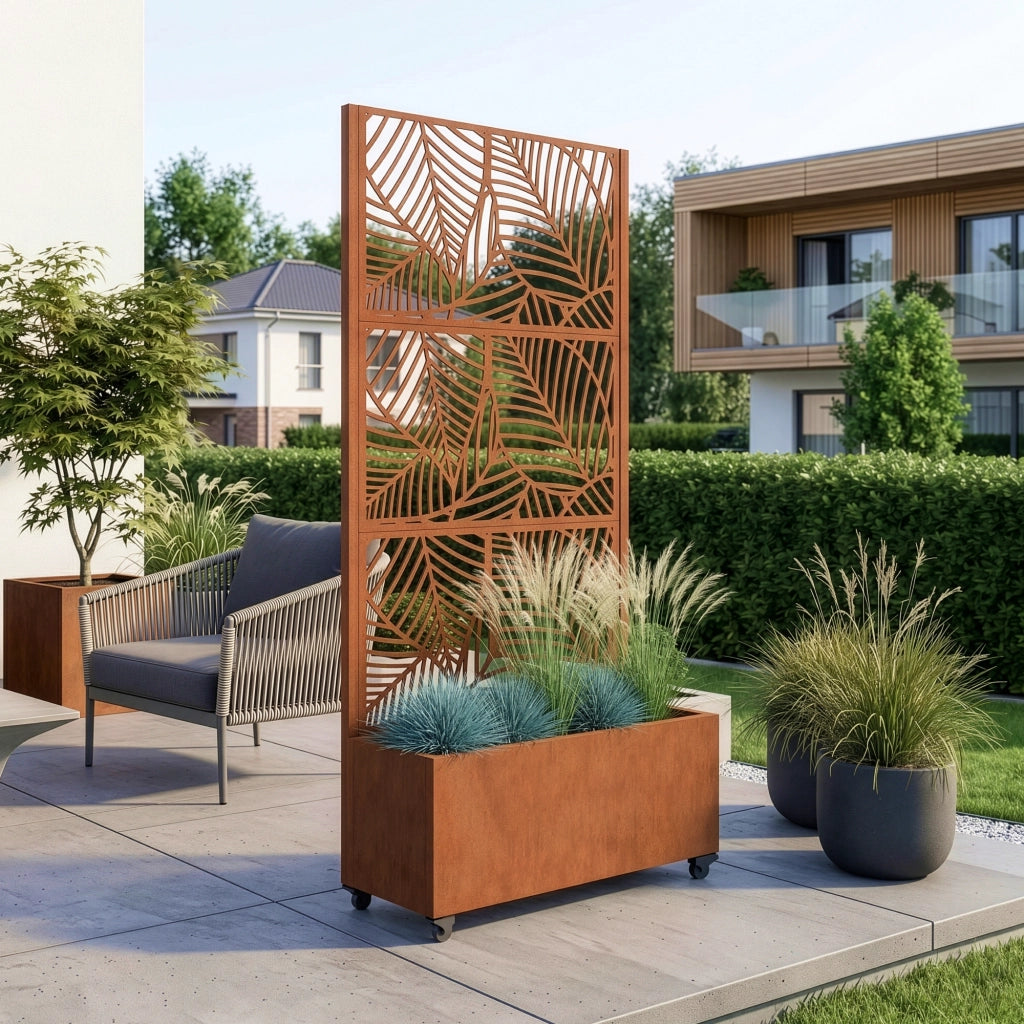 Fioriera con Spalliera Surnskoki in Acciaio Corten Separè con Portapiante e Rotelle - Marrone Ossidato casa.pro