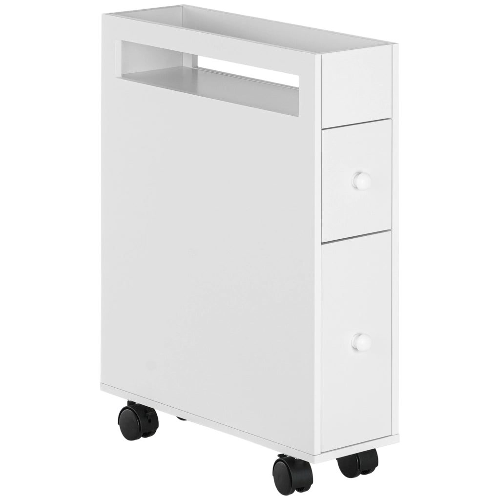 Mobiletto Salvaspazio Bagno con 4 Ruote, 2 Cassetti e Ripiano aperto, 16x49.5x66cm, Bianco