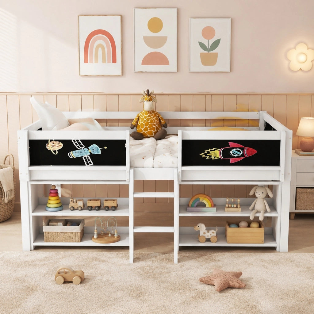 Letto per Bambini Semialto 90x200 cm con Ripiani; Scala e Sponde di Sicurezza; Pino e MDF Bianco