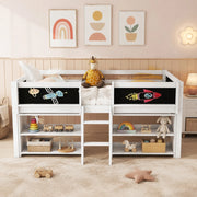 Letto per Bambini Semialto 90x200 cm con Ripiani; Scala e Sponde di Sicurezza; Pino e MDF Bianco