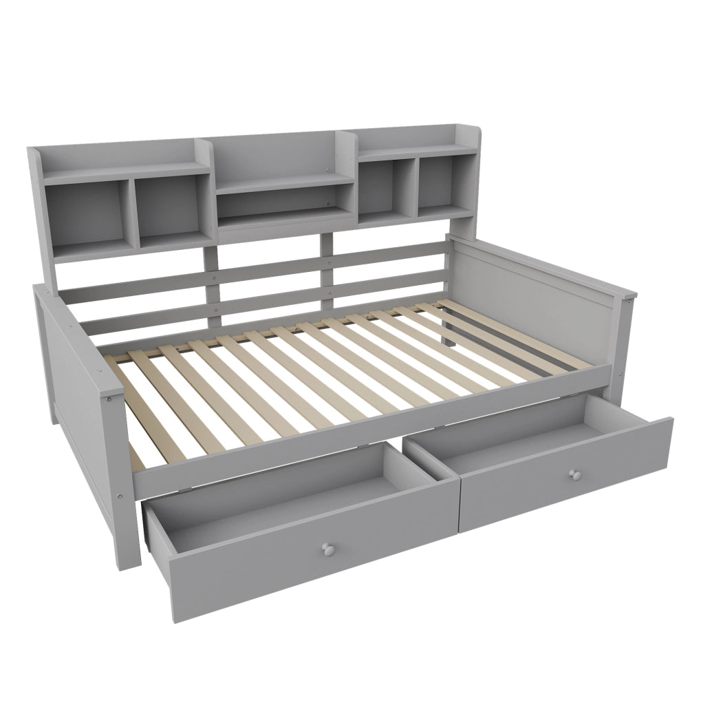 Letto divano singolo 90x200 cm con cassetti e ripiani grigio