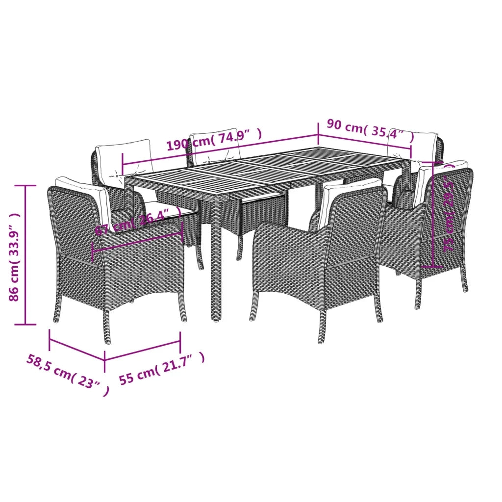 Set da Pranzo da Giardino 7 pz Nero con Cuscini in Polyrattan 3211870