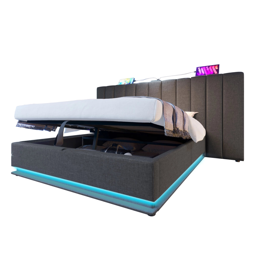 Letto imbottito 160x200 cm con contenitore; LED 360°; USB e Type-C; lino grigio