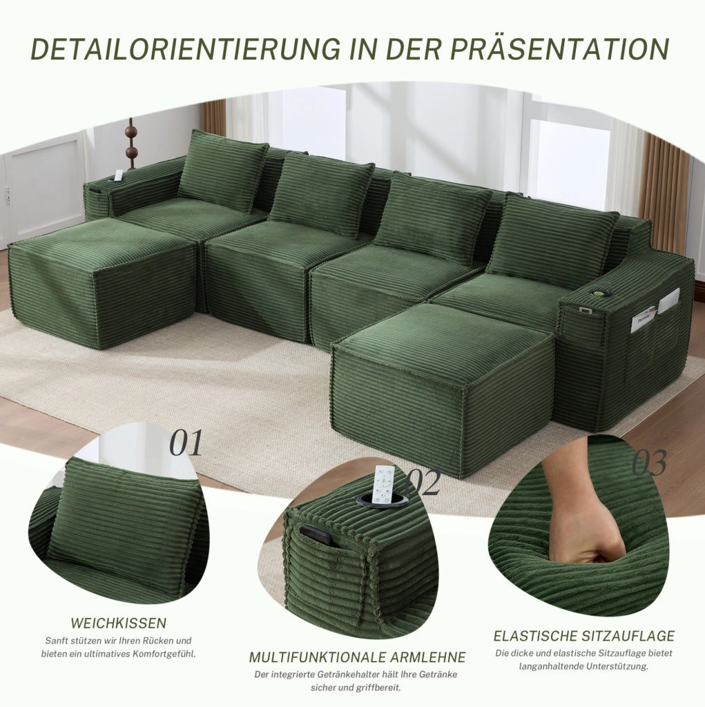 DIVANO modulare 4 posti in corduroy verde con 2 pouf