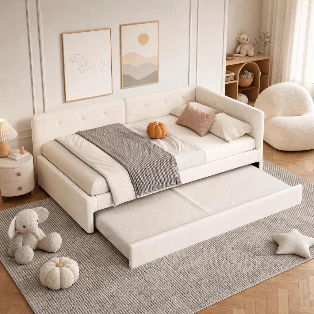 Letto divano singolo 90 × 200 cm, letto estraibile 90 × 190 cm, senza materasso, velluto beige
