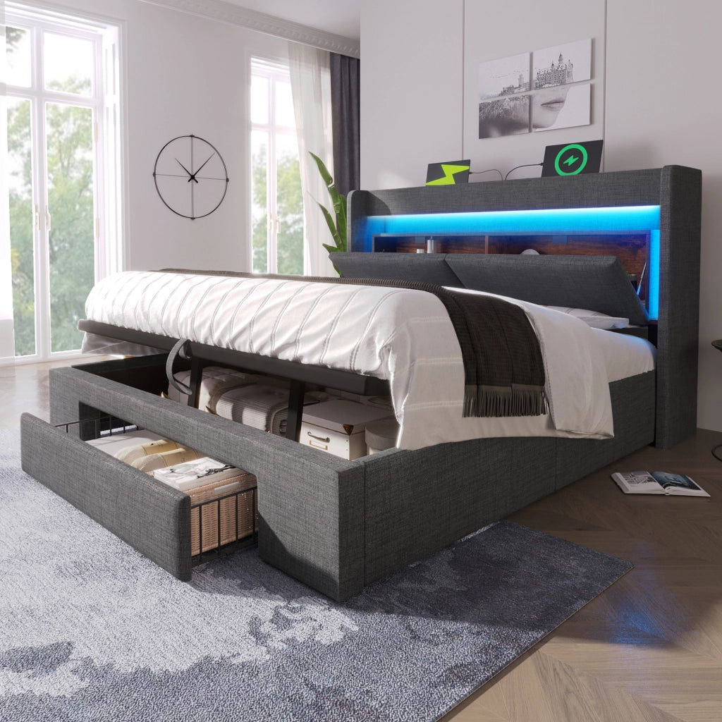 Letto matrimoniale 180x200 cm con contenitore idraulico; testiera LED con USB e USB-C; rivestimento in lino grigio