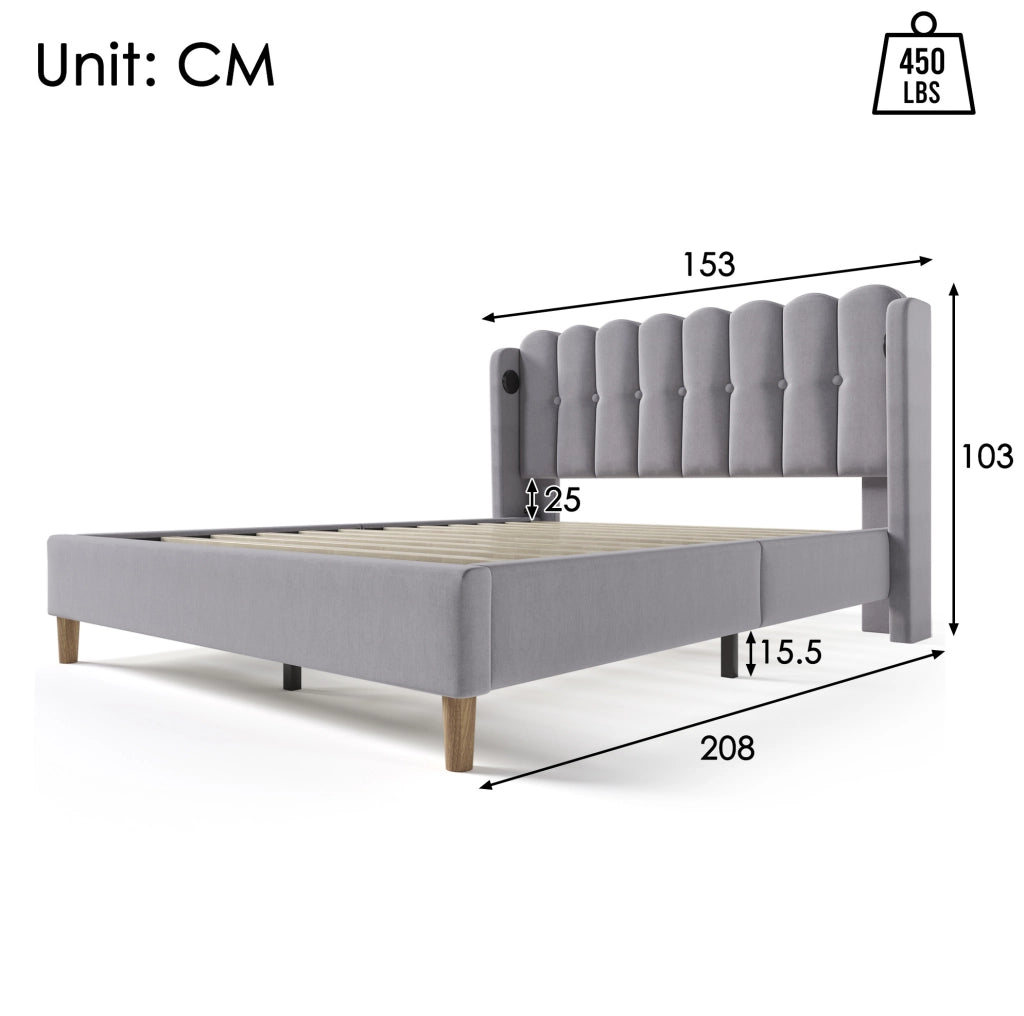 LETTO Matrimoniale 140x200 cm in lino grigio con USB e Type-C