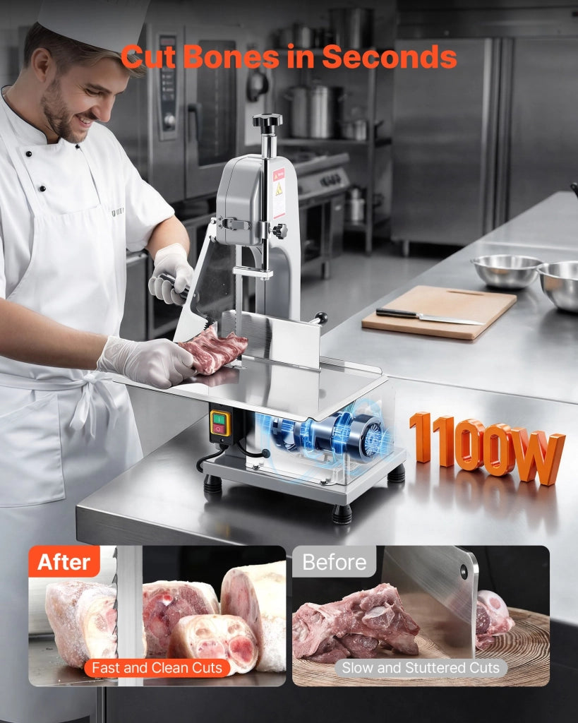Sega a Nastro Elettrica per Carne e Ossa 1100W BS-130 in Acciaio Inox e Alluminio Taglierina Robusta Piano 315x460mm