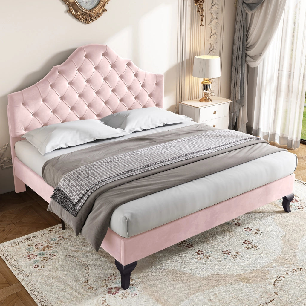 Letto imbottito 140 × 200 cm con rete a doghe e testiera regolabile rivestito in velluto rosa