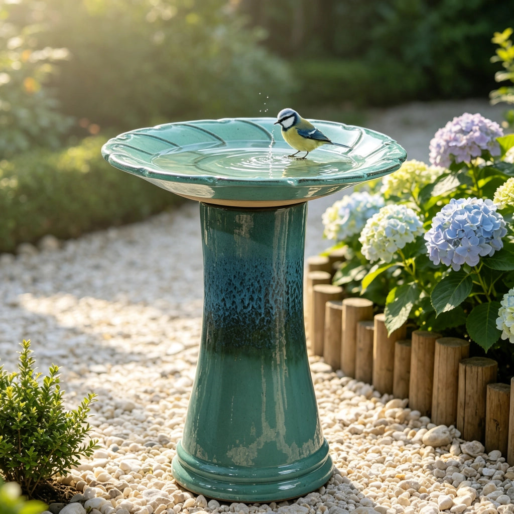Fontana per uccelli in ceramica artigianale con bassorilievo a foglia, diametro 43 cm, altezza 45 cm, smalto lucido turchese sfumato, resistente alle intemperie per giardino e terrazza