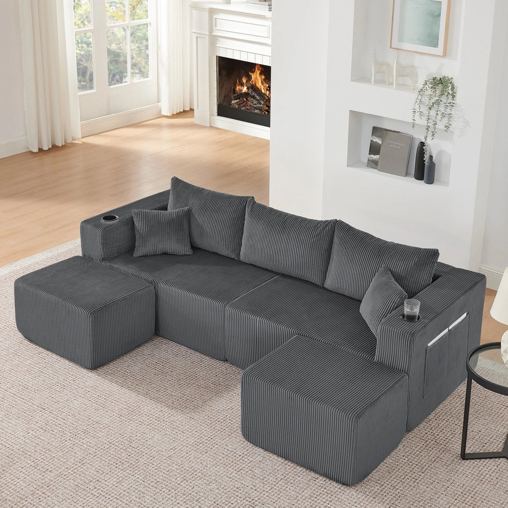 Divano angolare 3 posti ¨C Minimal ¨C velluto grigio imbottito con cuscini