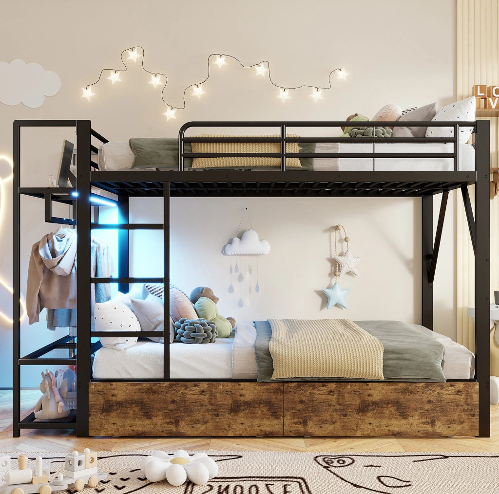 Letto a castello 140x200 cm nero con LED, cassetti e ripiani