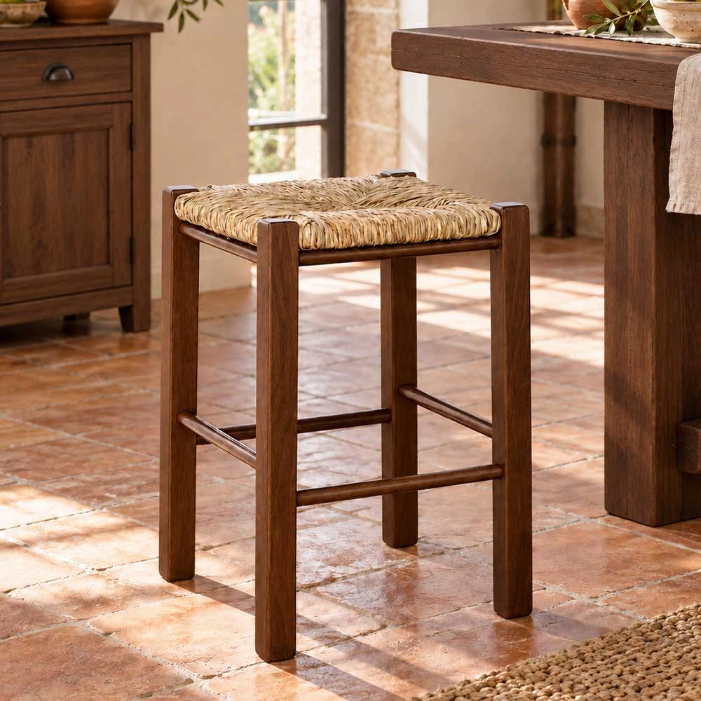 Sgabello legno seduta quadrata paglia h 47 cm noce scuro gamba dritti