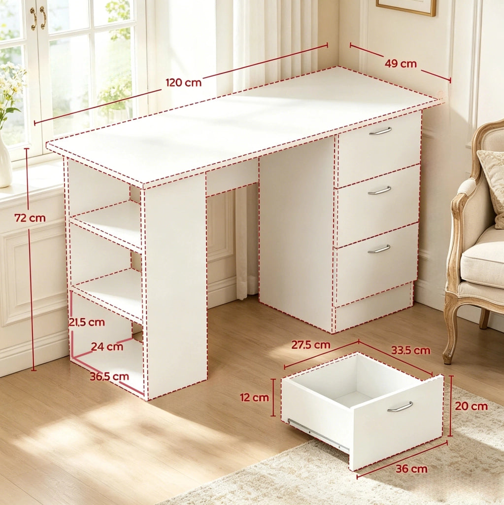Scrivania da Ufficio in MDF Bianca con 3 Cassetti e 3 Ripiani, 120x49x72 cm