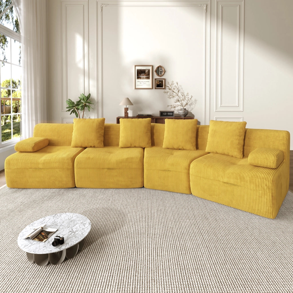 Divano modulare 4 sedili 311x90x65 cm; divano compresso senza montaggio con moduli liberi; velluto a coste; carico 400 kg; giallo brillante