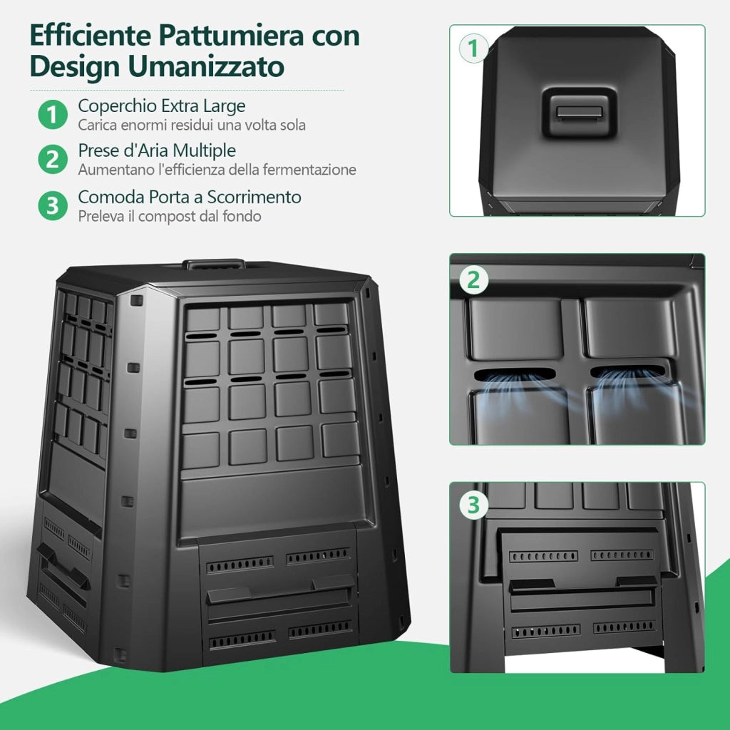 Compostiera da Giardino da 380L, Bidone per Compostaggio da Esterno con Coperchio e Prese d'Aria Regolabili, Barile per Compost per Creare Terreno Fertile Velocemente