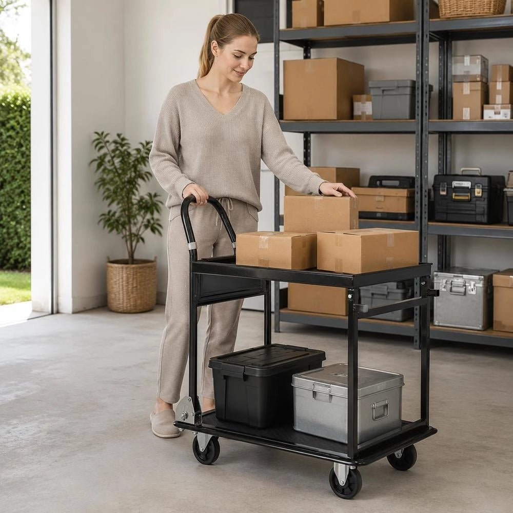 Foldable Push Cart Dolly, 700 Lbs, Heavy Duty Platform Hand Truck With Wheels, High-Strength Steel, 2 Tier Moving Flatbed Cart, For Warehouse, Garage, Workshop, Office, 28.7 X 18.5 X 32.3 In