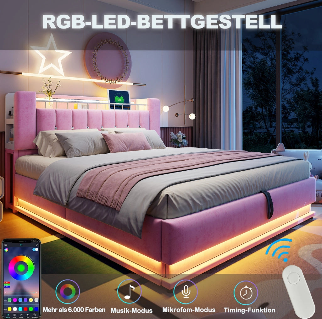 Letto matrimoniale imbottito 180x200 cm con LED, USB e contenitore, rosa