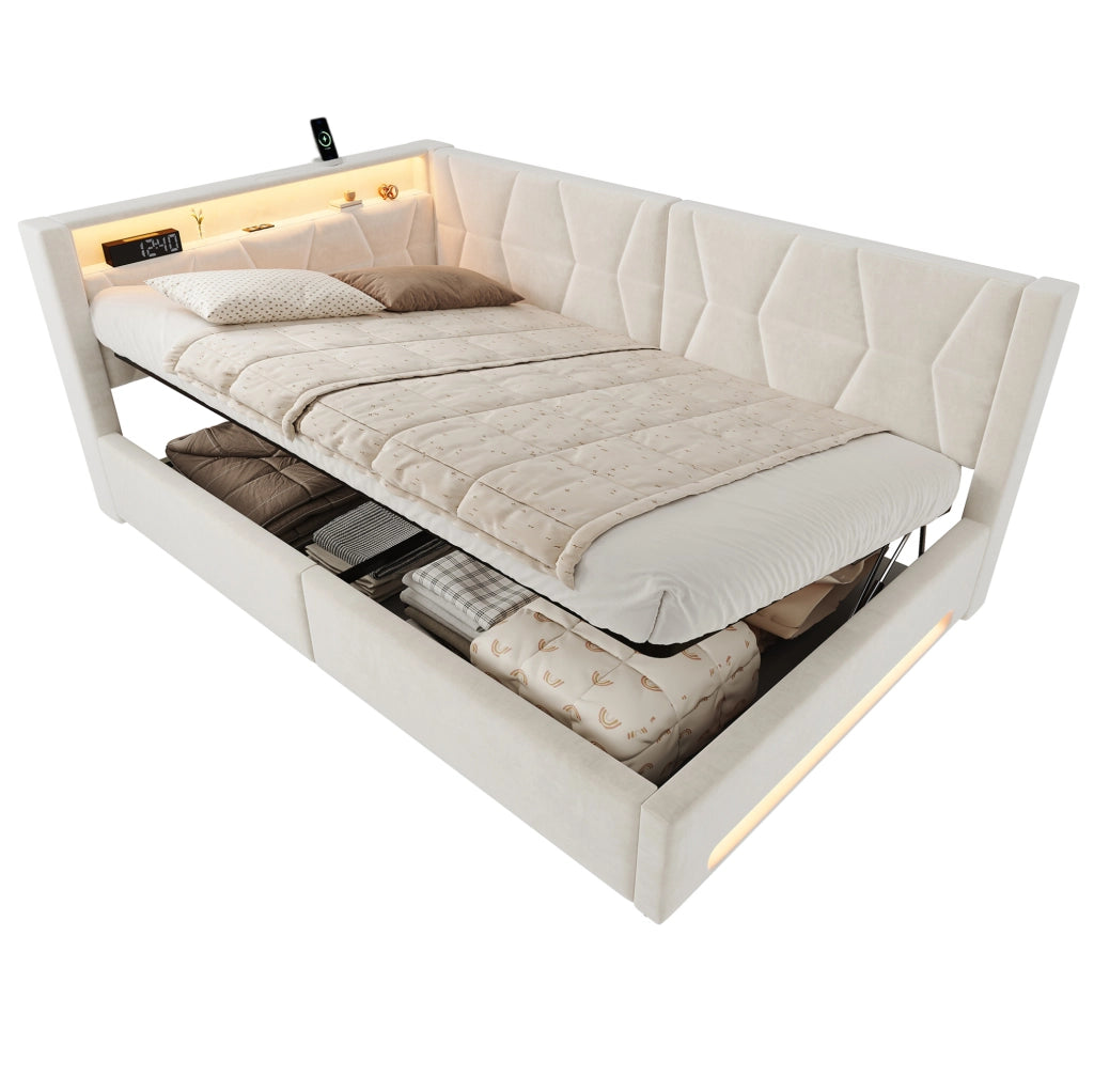 Letto imbottito 140x200 cm in velluto beige con contenitore, LED, USB e Type-C
