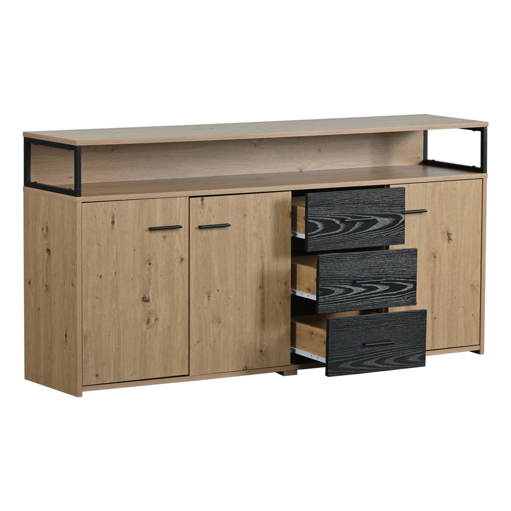 Sideboard moderno 150x35x75;9 cm con 3 porte e 3 cassetti; nero e colore legno