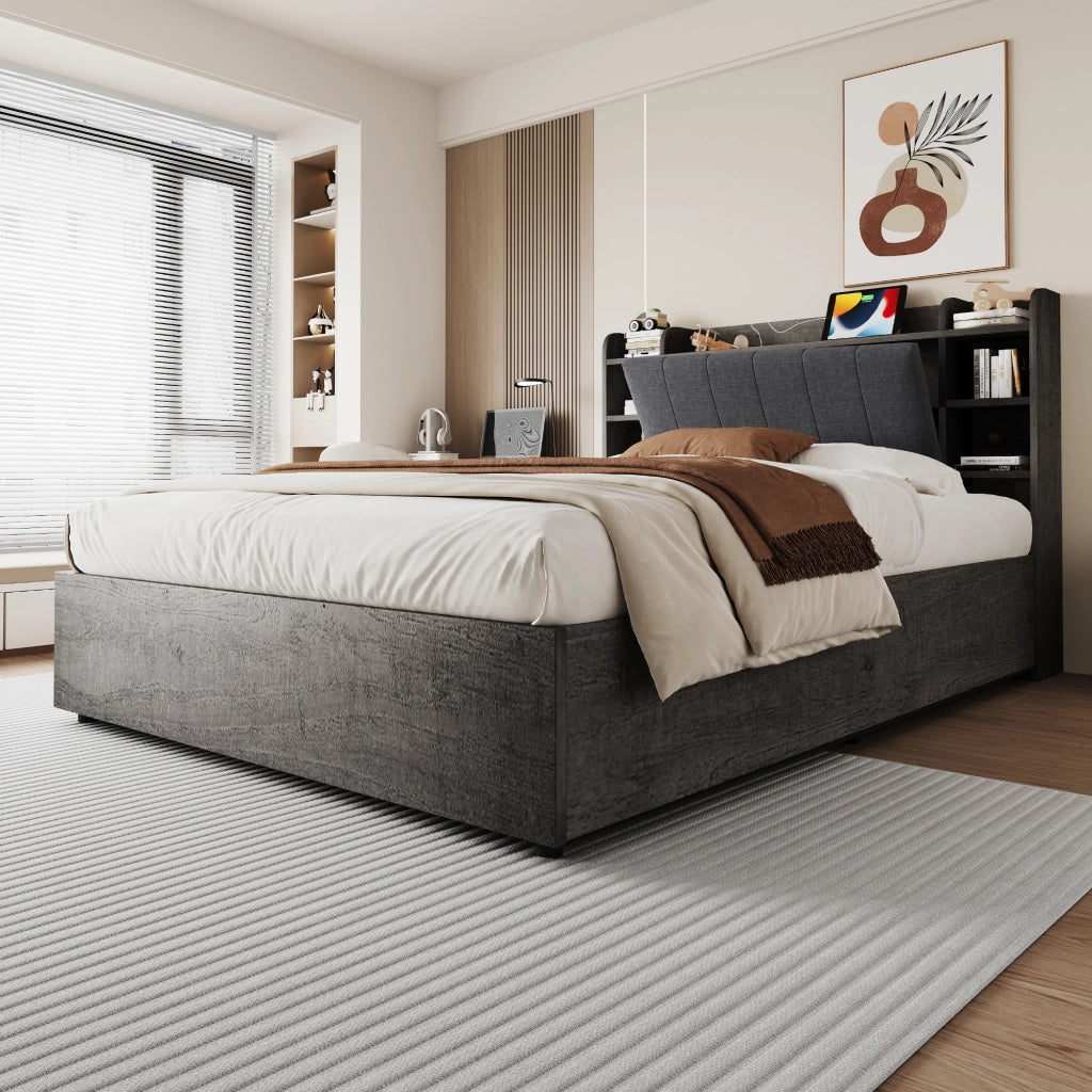 Letto contenitore 180x200 cm grigio con testiera a vani e porte USB e USB-C