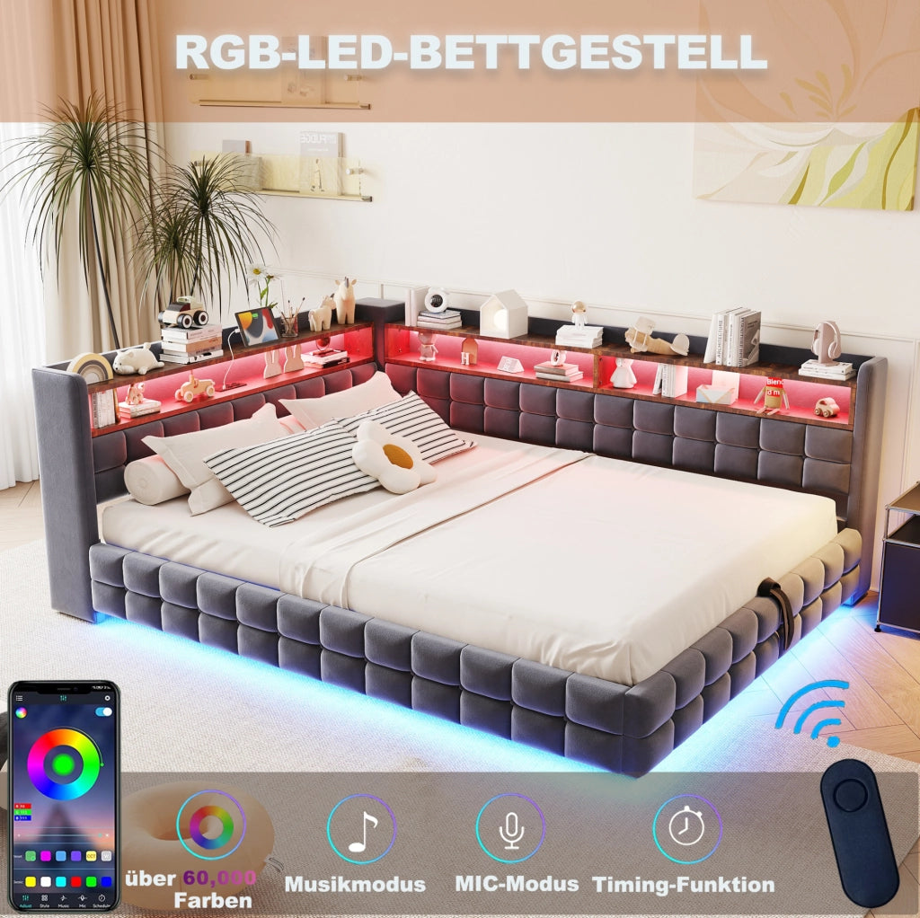 Divano letto imbottito con contenitore 140x200 cm; velluto grigio; LED; prese USB e Tipo C