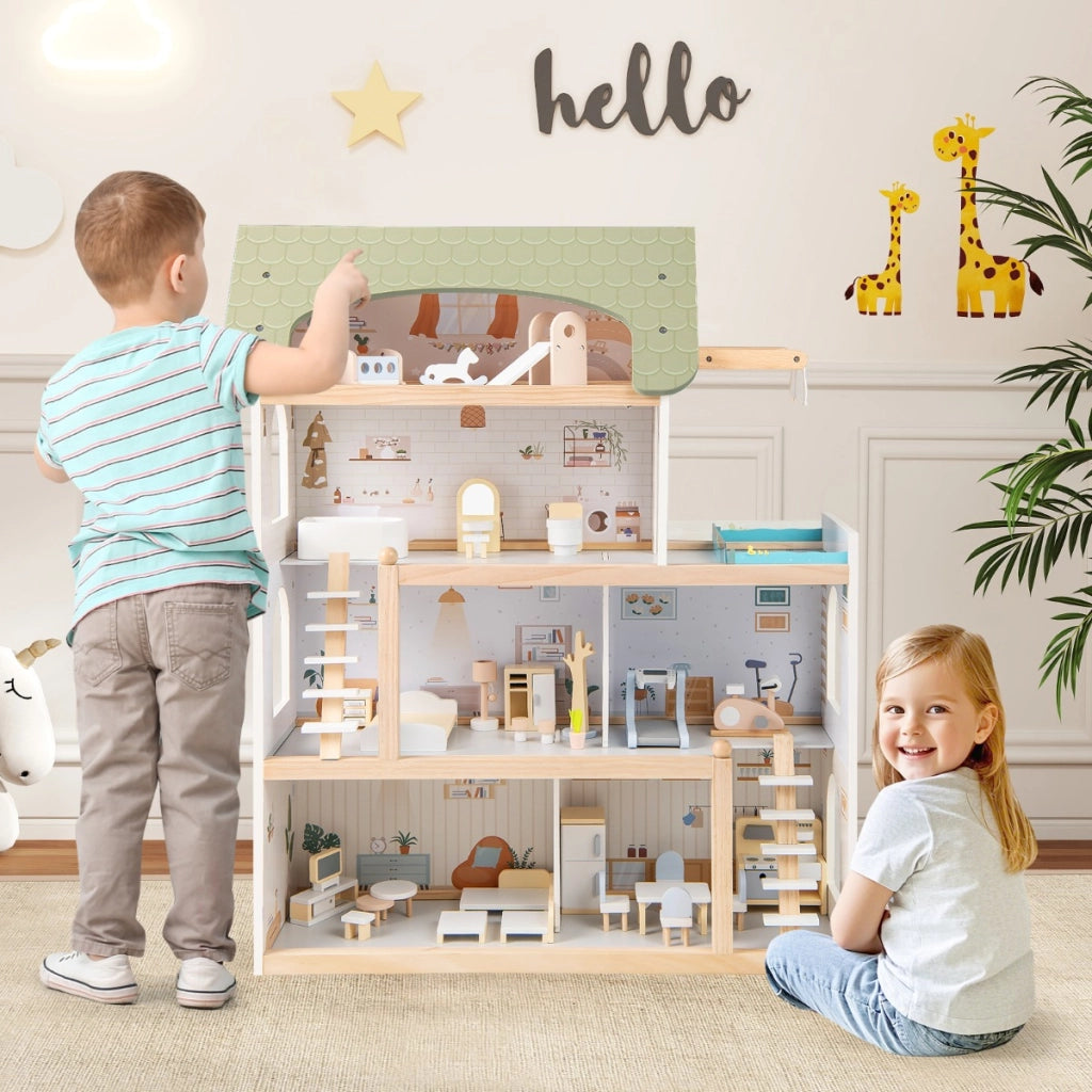 Casa dei giocattoli per bambini fai da te con 33 pezzi di mobili accessori, Casa delle bambole in legno per ragazzi e ragazze Verde chiaro