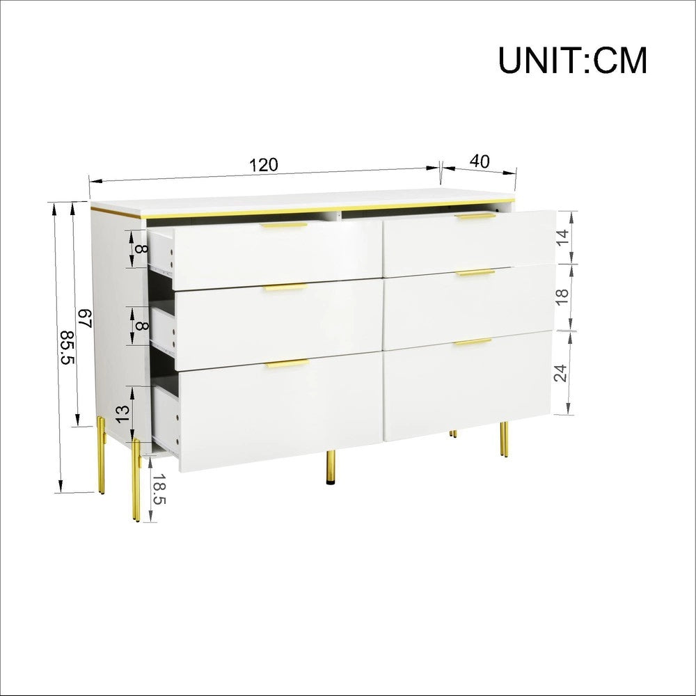 Credenza Moderna con 6 Cassetti ¨C MINIMAL ¨C Bianco e Oro, Frontali Lucidi, Soggiorno