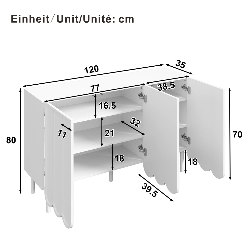 Credenza 120x35x80 cm con ante ondulate e ripiani regolabili in MDF bianco