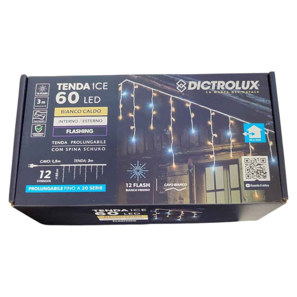 Tenda Luminosa 60 LED Bianco Caldo con 12 Flash Freddi 3m Esterno Prolungabile IP44 – Cavo Bianco