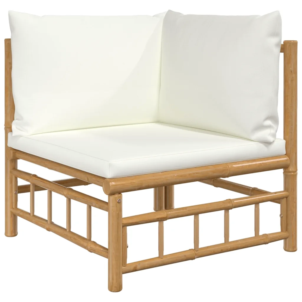 Set Salotto da Giardino 5pz con Cuscini Bianco Crema in Bambù 3155185