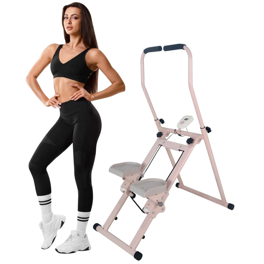 Stepper pieghevole verticale per cardio e allenamento totale, con manubrio, rosa e bianco