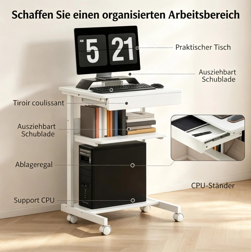 Scrivania per computer con ruote, 56x51 cm, con cassetto, ripiano e supporto CPU, per ufficio e home office, bianca