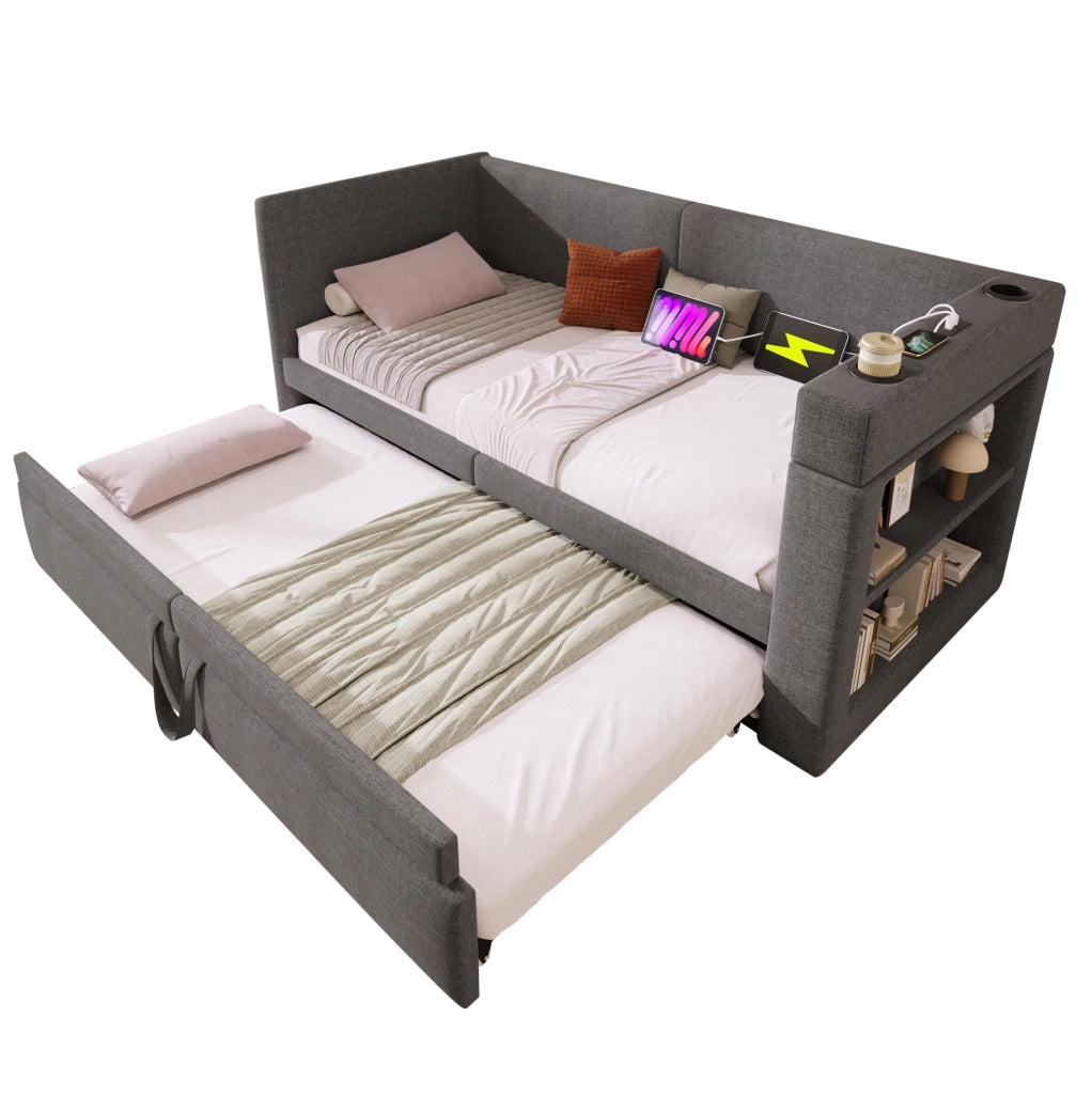 Divano letto a cassetto 90x200 cm grigio con USB e contenitore， senza materasso
