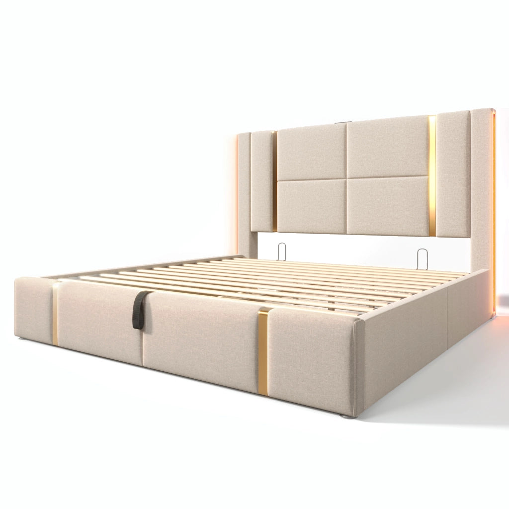 Letto matrimoniale imbottito 160x200 beige con LED RGB