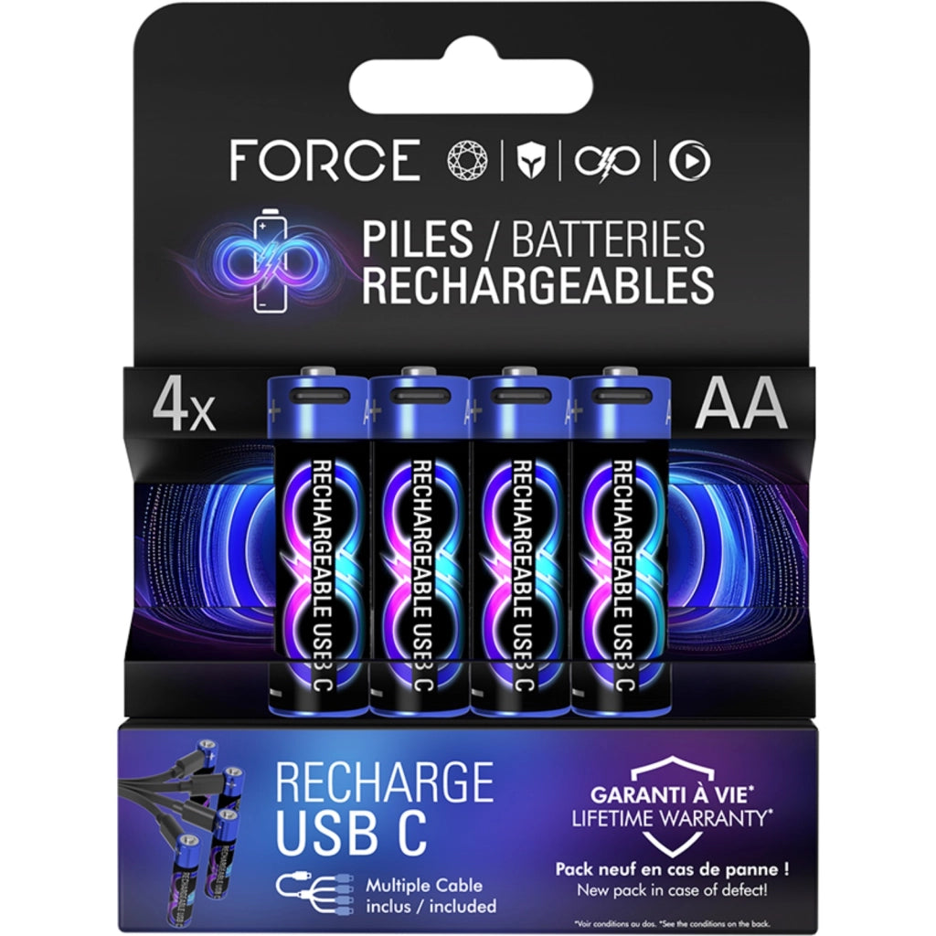 Set 4 Pile Ricaricabili USB-C Tipo LR6 / AA con Cavo di Ricarica Nero / Blu Force Power