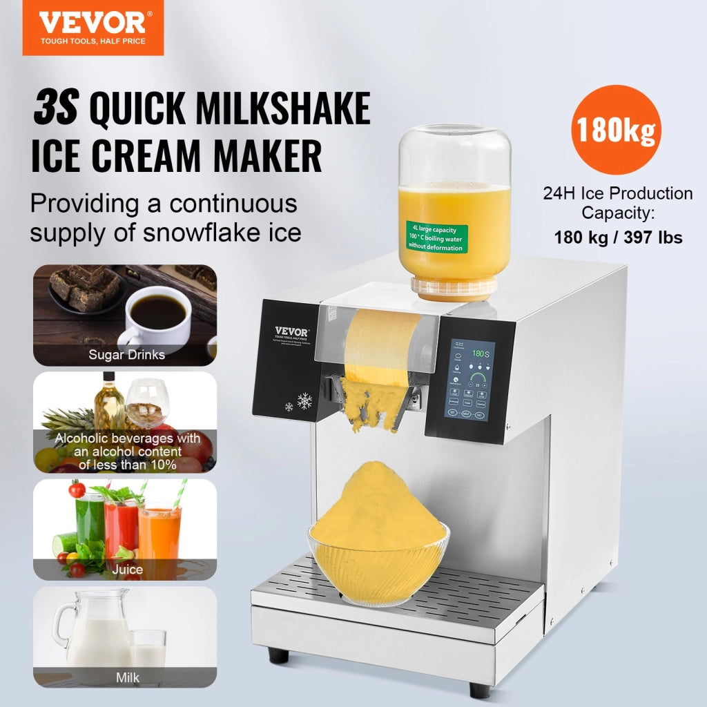 Macchina per Ghiaccio a Fiocchi di Neve in Acciaio Inox, 180 kg/24h 500W, Fabbricatore Ghiaccio Tritato Professionale per Bar e Panetteria