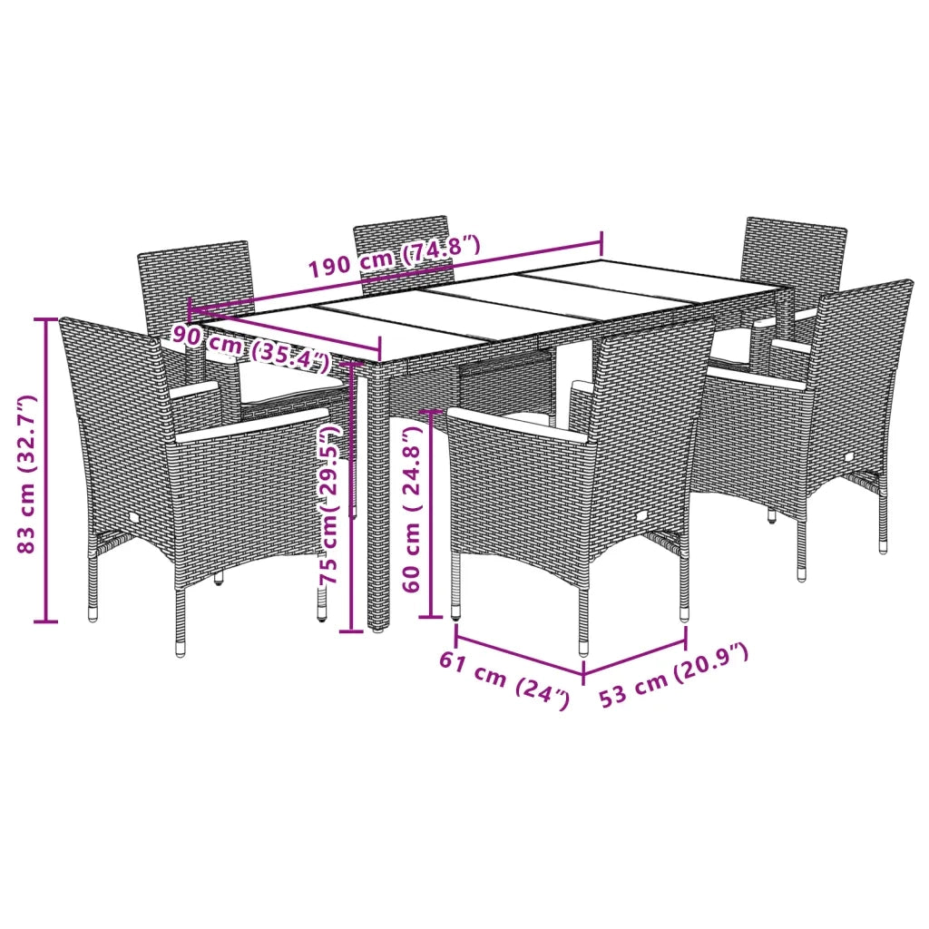 Set da Pranzo da Giardino 7 pz con Cuscini Polyrattan e Vetro 3278661