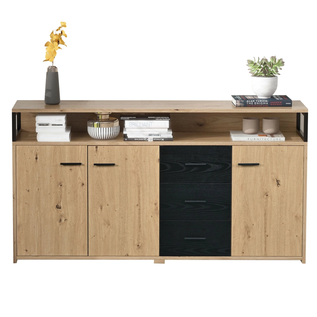 Sideboard moderno 150x35x75;9 cm con 3 porte e 3 cassetti; nero e colore legno