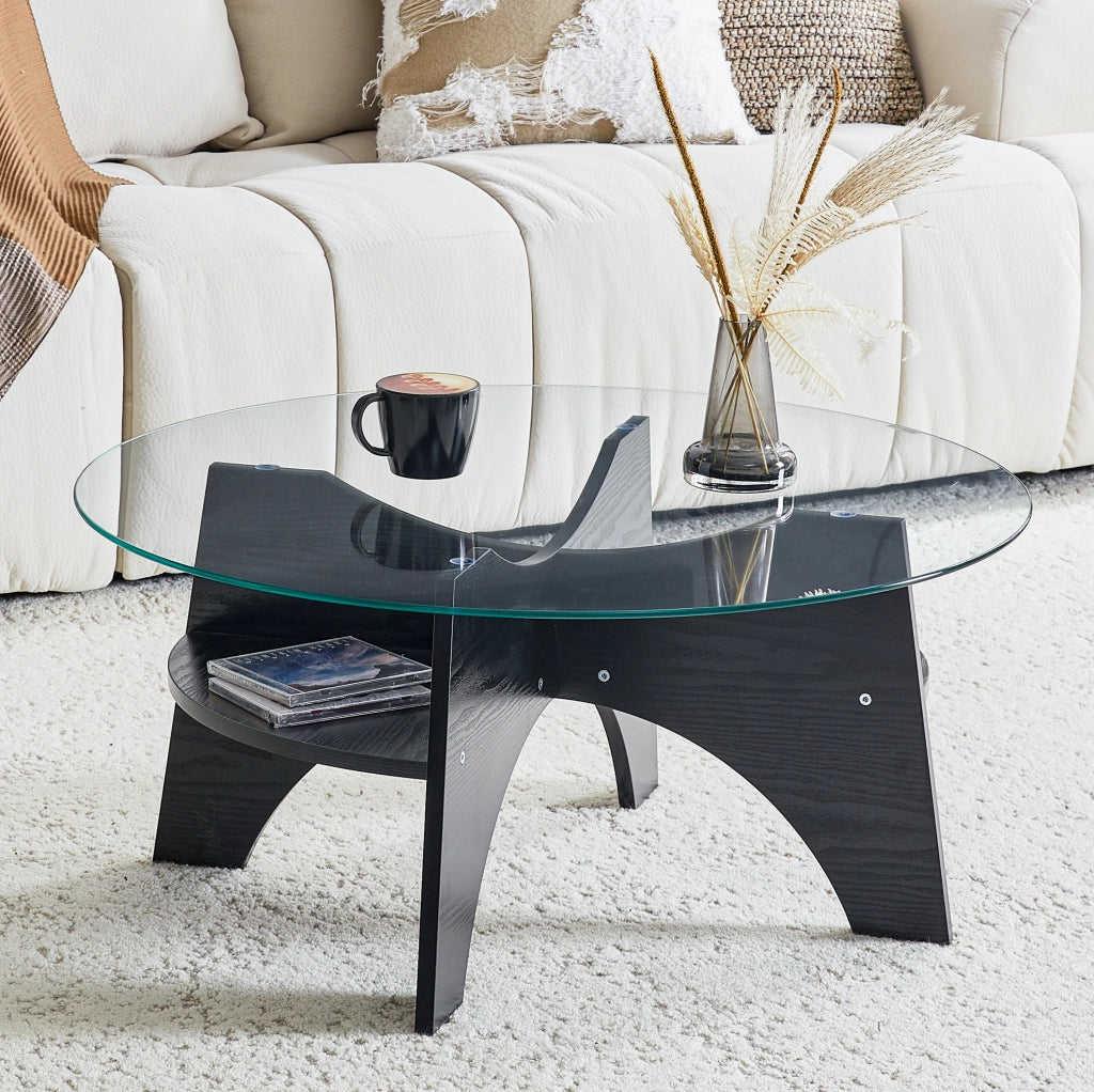 TAVOLINO ROTONDO 80x36 cm in vetro temperato e MDF nero