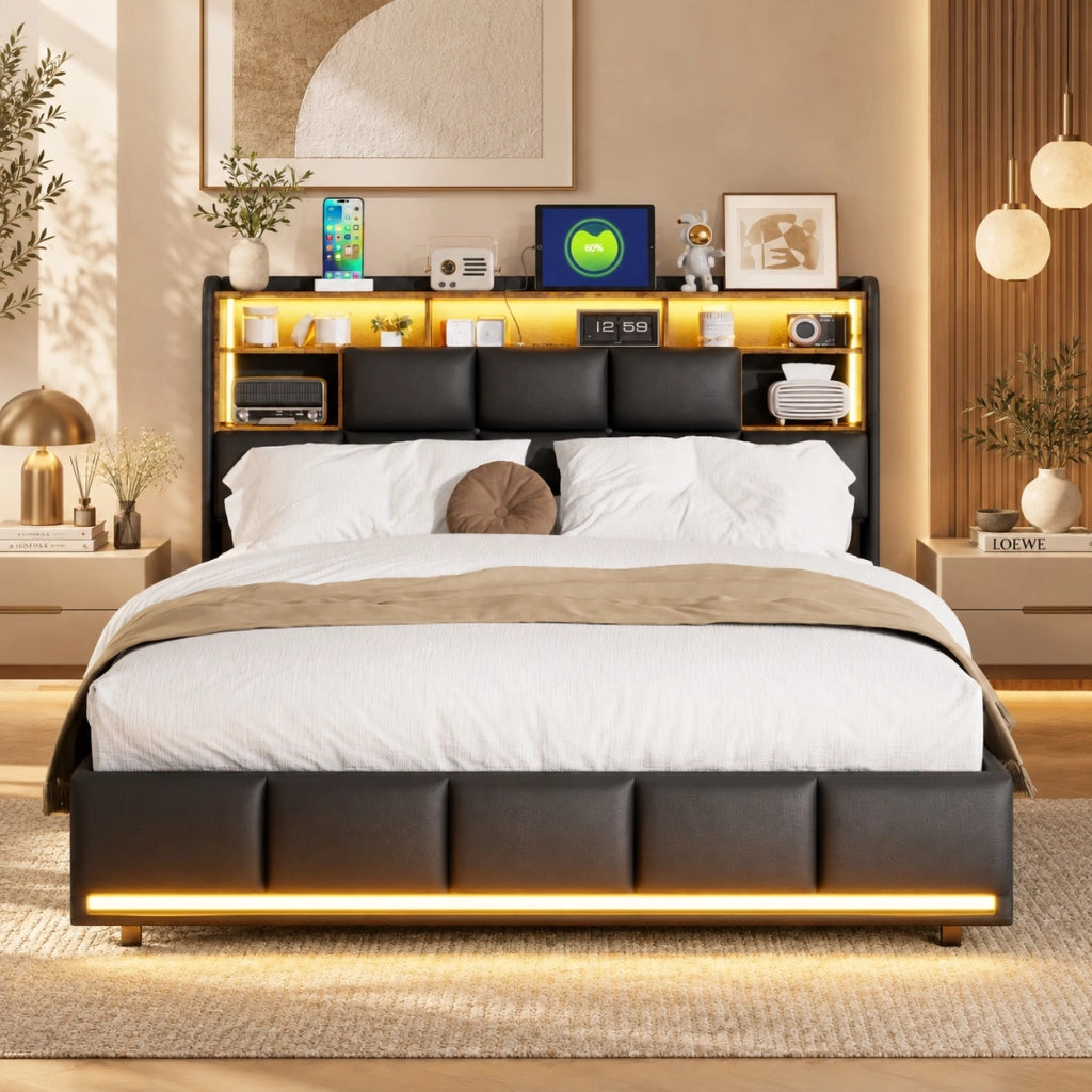 Letto imbottito 160x200 con Contenitore idraulico; Letto matrimoniale a LED con USB; Struttura letto baule con rete a doghe; PU Nero;Senza Materasso