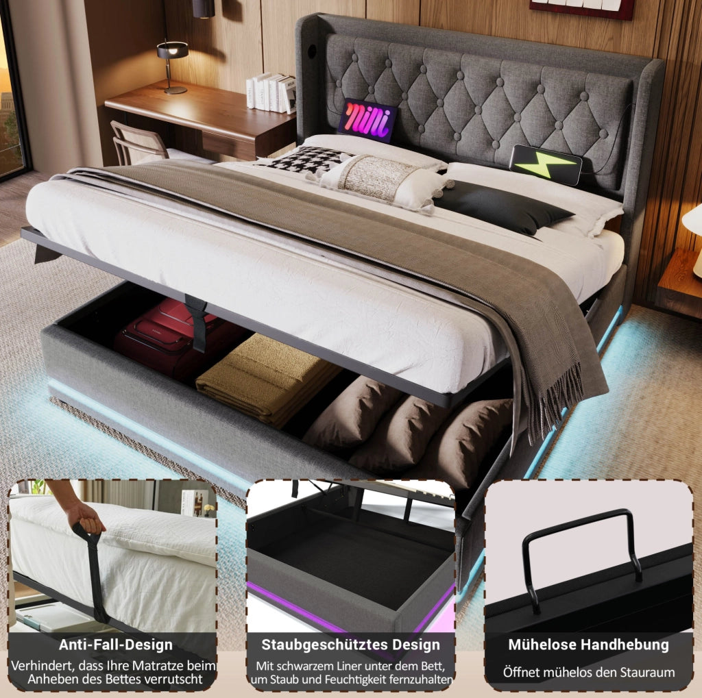 LETTO contenitore 160x200 cm in cotone grigio con LED, USB, Type-C e materasso