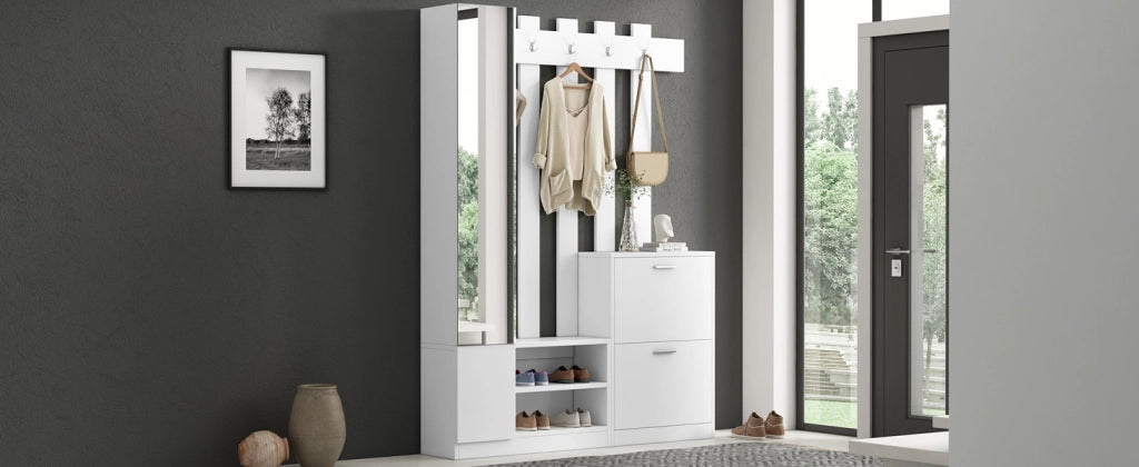 Mobile Ingresso con Specchio e Scarpiera Guardaroba Bianco 135x25x180 cm