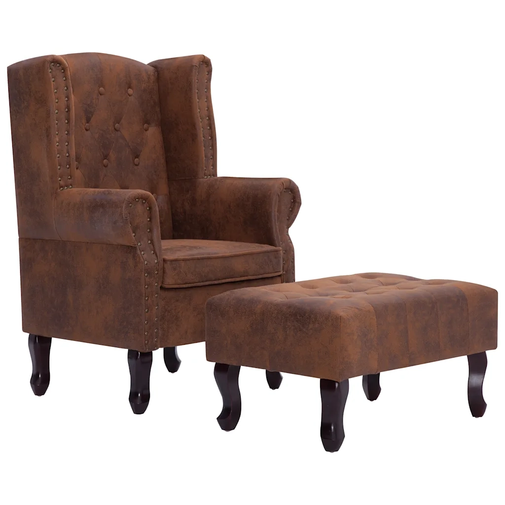Poltrona Chesterfield Poggiapiedi Marrone Ecopelle Scamosciata
