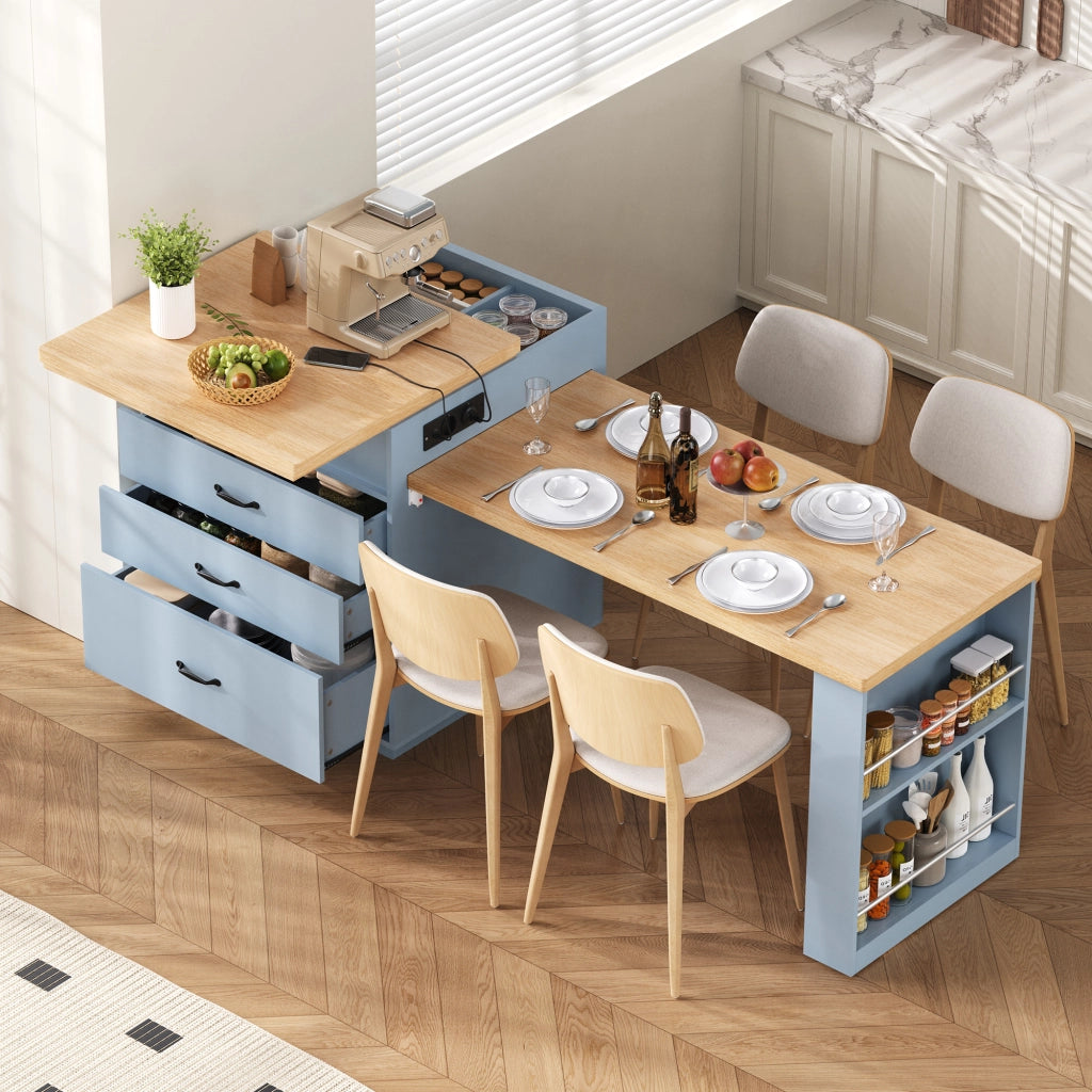 Tavolo allungabile per cucina con ripiani cassetti LED USB e Type-C blu 125.5 × 71 × 93 cm